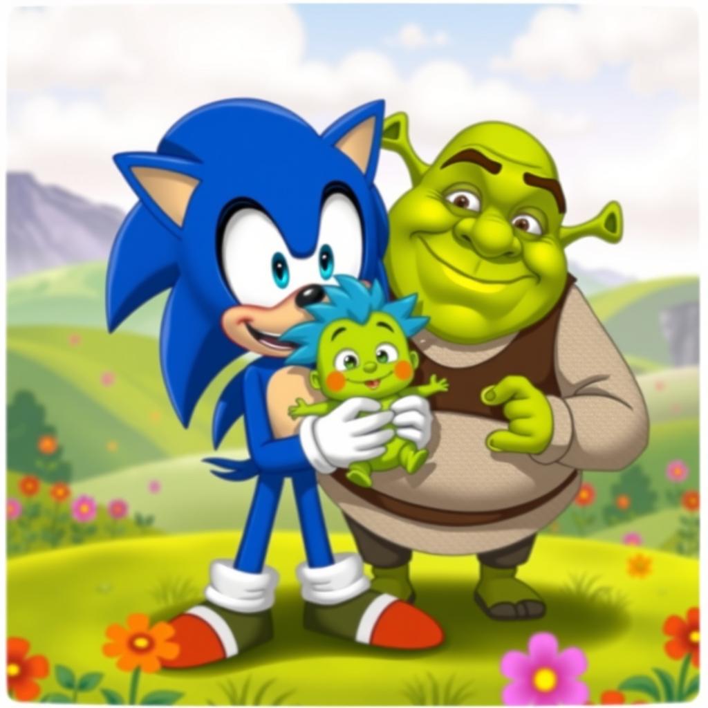 A whimsical and imaginative scene depicting Sonic the Hedgehog and Shrek in a humorous and cartoonish style