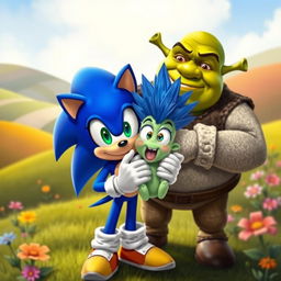 A whimsical and imaginative scene depicting Sonic the Hedgehog and Shrek in a humorous and cartoonish style
