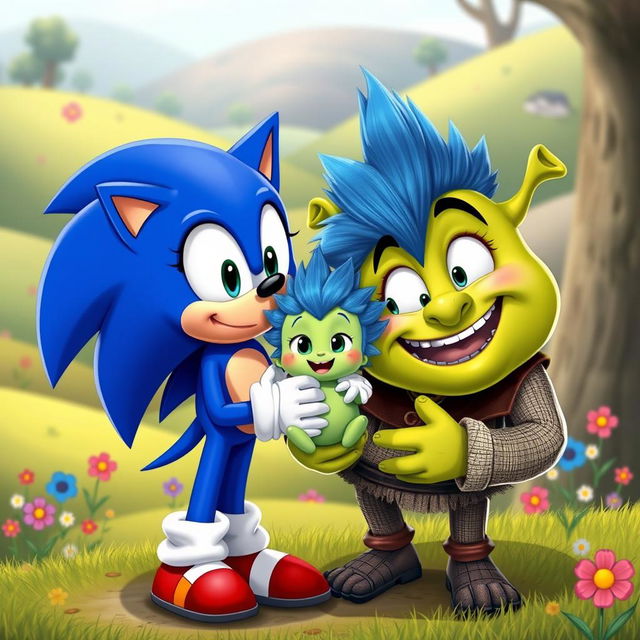 A whimsical and imaginative scene depicting Sonic the Hedgehog and Shrek in a humorous and cartoonish style