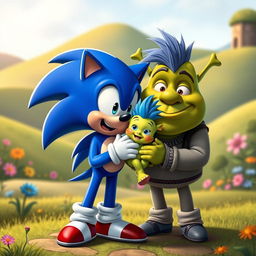 A whimsical and imaginative scene depicting Sonic the Hedgehog and Shrek in a humorous and cartoonish style