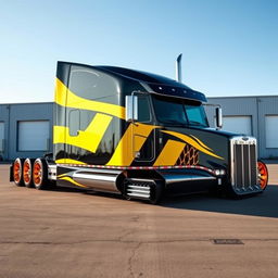 A custom-cutting edge semi-truck featuring vibrant bumblebee-themed rims