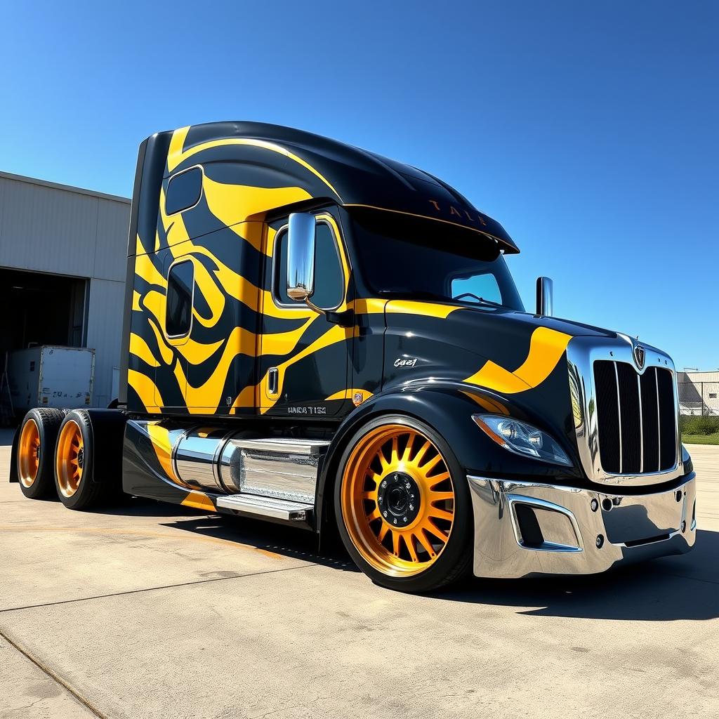 A custom-cutting edge semi-truck featuring vibrant bumblebee-themed rims