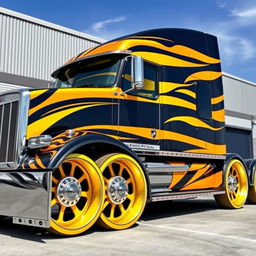 A custom-cutting edge semi-truck featuring vibrant bumblebee-themed rims