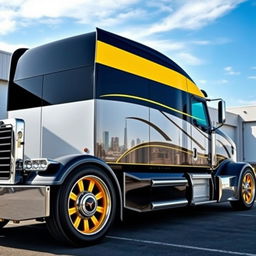 A custom-cutting edge semi-truck featuring vibrant bumblebee-themed rims
