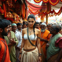 A female character resembling Rey from Star Wars, wearing a white strapless bikini