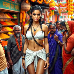 A female character resembling Rey from Star Wars, wearing a white strapless bikini