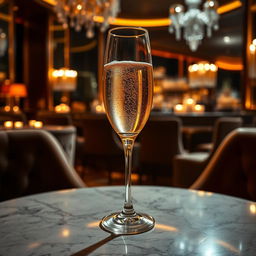 A luxurious glass of champagne elegantly positioned on a marble table, surrounded by soft candlelight to create a warm and inviting atmosphere