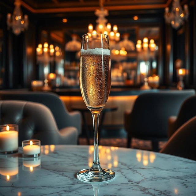 A luxurious glass of champagne elegantly positioned on a marble table, surrounded by soft candlelight to create a warm and inviting atmosphere