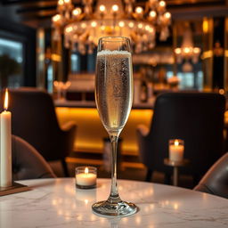 A luxurious glass of champagne elegantly positioned on a marble table, surrounded by soft candlelight to create a warm and inviting atmosphere