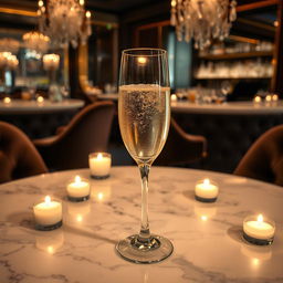 A luxurious glass of champagne elegantly positioned on a marble table, surrounded by soft candlelight to create a warm and inviting atmosphere