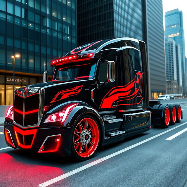 A custom-cutting edge semi-truck featuring striking Corvette-themed rims