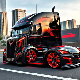 A custom-cutting edge semi-truck featuring striking Corvette-themed rims