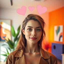A person with a confident expression, standing in a brightly lit room filled with warm, vibrant colors