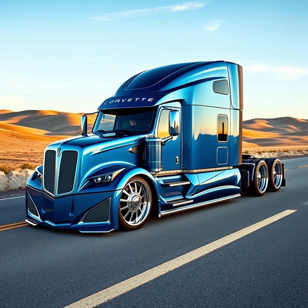 A custom-cutting edge semi-truck designed with striking Corvette-style rims