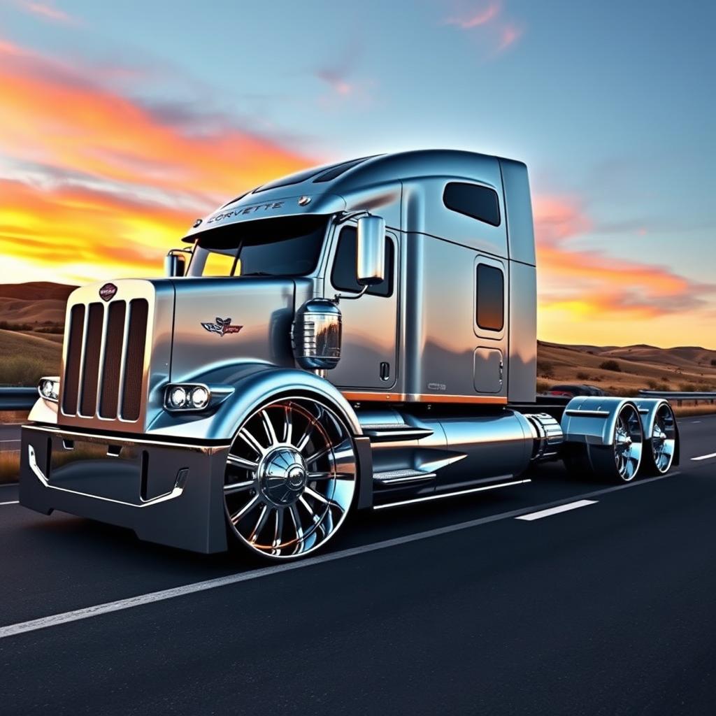 A cutting-edge custom semi-truck designed with eye-catching Corvette-style wheels