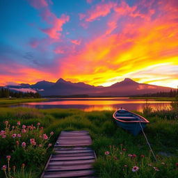 A serene landscape during sunset, showcasing a vibrant sky filled with hues of orange, pink, and purple