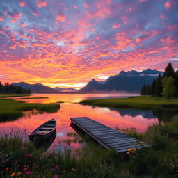 A serene landscape during sunset, showcasing a vibrant sky filled with hues of orange, pink, and purple