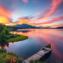 A serene landscape during sunset, showcasing a vibrant sky filled with hues of orange, pink, and purple