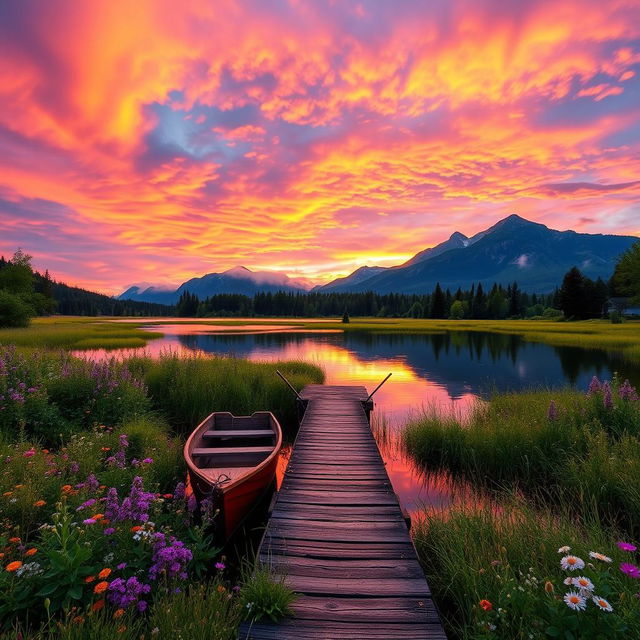 A serene landscape during sunset, showcasing a vibrant sky filled with hues of orange, pink, and purple