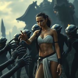 A female character resembling Rey from Star Wars, wearing a white strapless bikini