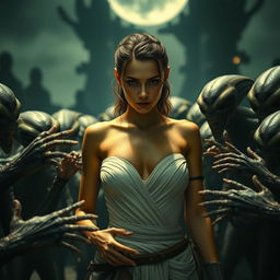 A female character resembling Rey from Star Wars, wearing a white strapless bikini