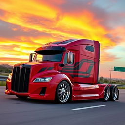 A custom cutting-edge semi-truck featuring eye-catching Camaro-style rims