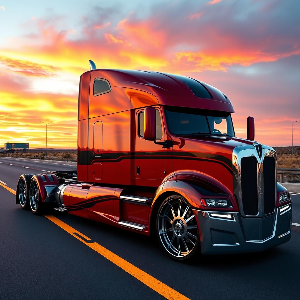 A custom cutting-edge semi-truck featuring eye-catching Camaro-style rims