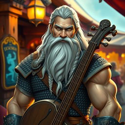 A good looking muscular dwarven Bard with long white hair styled gracefully, featuring a long braided beard that highlights his strong jawline