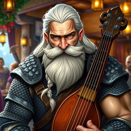 A good looking muscular dwarven Bard with long white hair styled gracefully, featuring a long braided beard that highlights his strong jawline