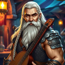A good looking muscular dwarven Bard with long white hair styled gracefully, featuring a long braided beard that highlights his strong jawline
