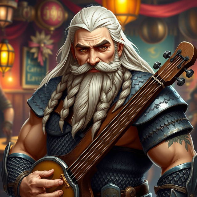 A good looking muscular dwarven Bard with long white hair styled gracefully, featuring a long braided beard that highlights his strong jawline