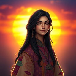 A stunning portrait of a character named Samiar, featuring them standing confidently with a captivating smile