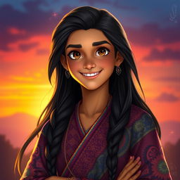 A stunning portrait of a character named Samiar, featuring them standing confidently with a captivating smile