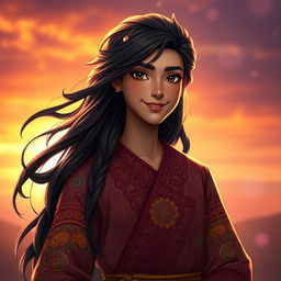 A stunning portrait of a character named Samiar, featuring them standing confidently with a captivating smile