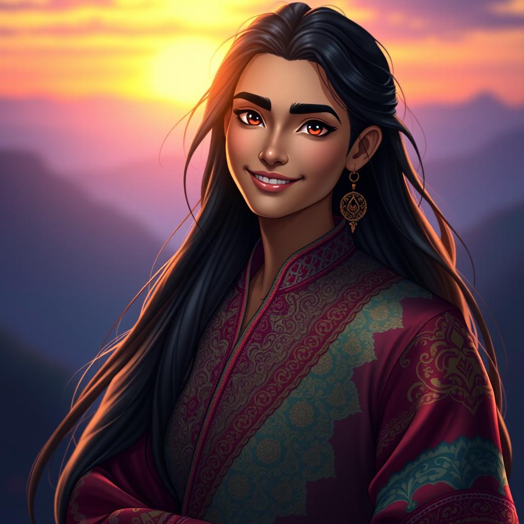 A stunning portrait of a character named Samiar, featuring them standing confidently with a captivating smile