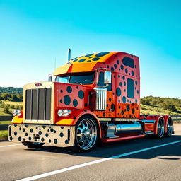 A custom cutting-edge semi-truck featuring unique spots-themed rims