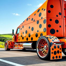 A custom cutting-edge semi-truck featuring unique spots-themed rims