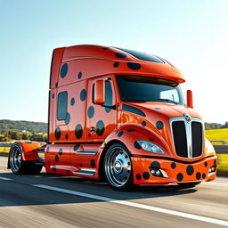 A custom cutting-edge semi-truck featuring unique spots-themed rims