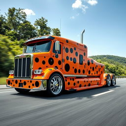 A custom cutting-edge semi-truck featuring unique spots-themed rims