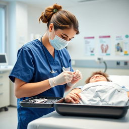 A skilled nurse in a bright, modern hospital suturing a patient with care and precision