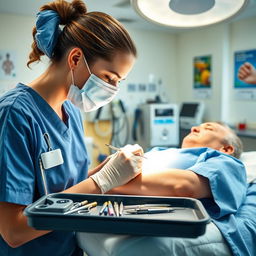 A skilled nurse in a bright, modern hospital suturing a patient with care and precision