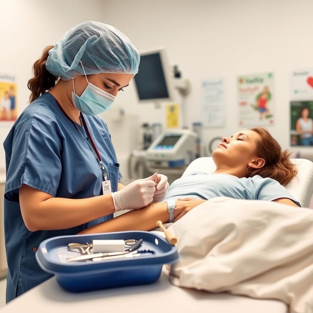 A skilled nurse in a bright, modern hospital suturing a patient with care and precision