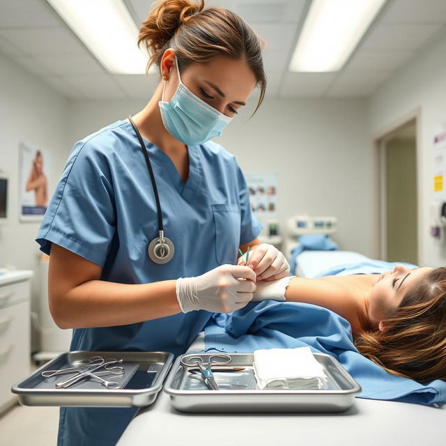 A skilled nurse in a bright, modern hospital suturing a patient with care and precision