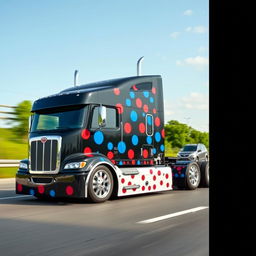 A custom cutting-edge semi-truck featuring striking spots-themed rims