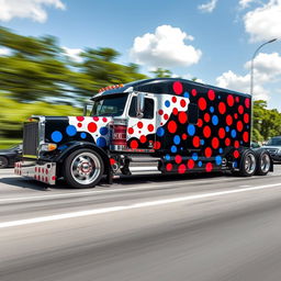 A custom cutting-edge semi-truck featuring striking spots-themed rims