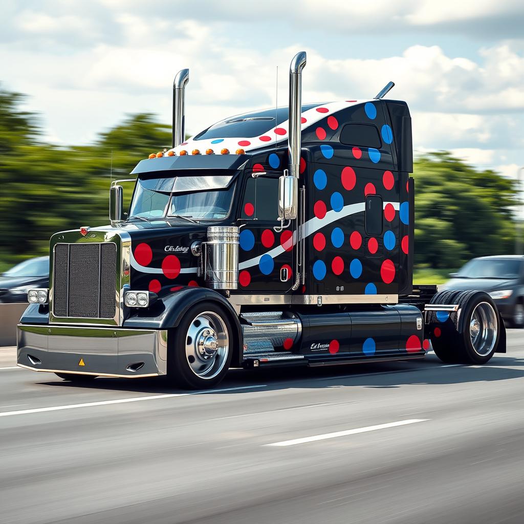 A custom cutting-edge semi-truck featuring striking spots-themed rims