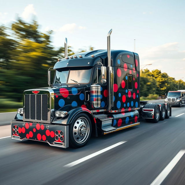 A custom cutting-edge semi-truck featuring striking spots-themed rims