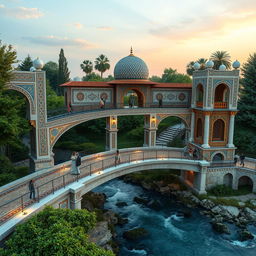 A beautiful pedestrian bridge design inspired by elements of traditional Iranian architecture, featuring intricate tile work, arched pathways, and ornate decorative patterns