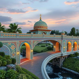 A beautiful pedestrian bridge design inspired by elements of traditional Iranian architecture, featuring intricate tile work, arched pathways, and ornate decorative patterns