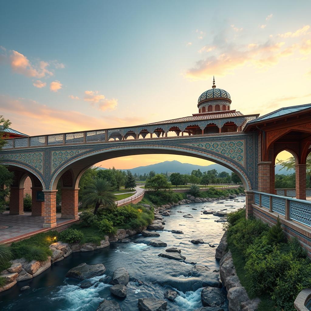 A beautiful pedestrian bridge design inspired by elements of traditional Iranian architecture, featuring intricate tile work, arched pathways, and ornate decorative patterns